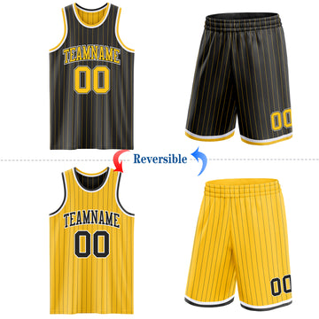 Custom Black Gold Pinstripe-White Reversible Double Side Sublimation Basketball Set Jersey