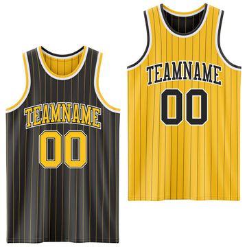Custom Black Gold Pinstripe-White Reversible Double Side Sublimation Basketball Set Jersey