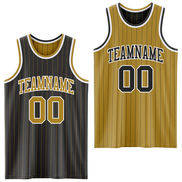 Custom Black Old Gold Pinstripe-White Reversible Double Side Sublimation Basketball Set Jersey