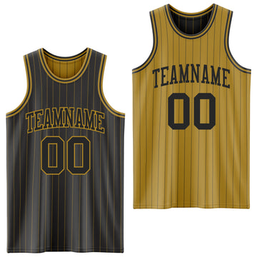 Custom Black Old Gold Pinstripe Reversible Double Side Sublimation Basketball Set Jersey