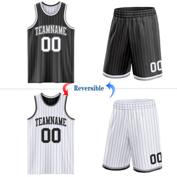 Custom Black Gray Pinstripe-White Reversible Double Side Sublimation Basketball Set Jersey