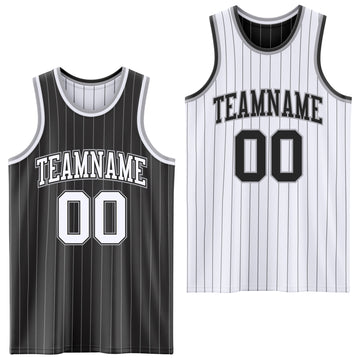 Custom Black Gray Pinstripe-White Reversible Double Side Sublimation Basketball Set Jersey