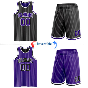 Custom Black White Pinstripe-Purple Reversible Double Side Sublimation Basketball Set Jersey