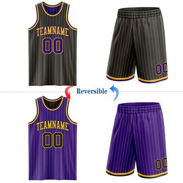 Custom Black Gold Pinstripe-Purple Reversible Double Side Sublimation Basketball Set Jersey
