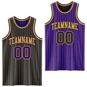 Custom Black Gold Pinstripe-Purple Reversible Double Side Sublimation Basketball Set Jersey