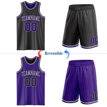 Custom Black Gray Pinstripe-Purple Reversible Double Side Sublimation Basketball Set Jersey