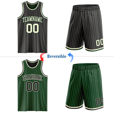 Custom Black Cream Pinstripe-Green Reversible Double Side Sublimation Basketball Set Jersey