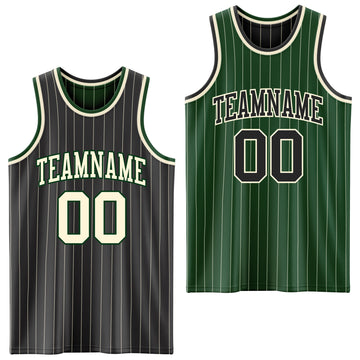 Custom Black Cream Pinstripe-Green Reversible Double Side Sublimation Basketball Set Jersey