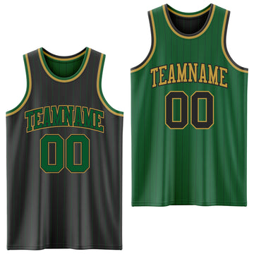 Custom Black Kelly Green Pinstripe-Old Gold Reversible Double Side Sublimation Basketball Set Jersey