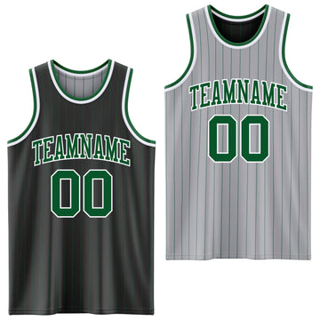 Custom Black Gray Kelly Green Pinstripe Reversible Double Side Sublimation Basketball Set Jersey