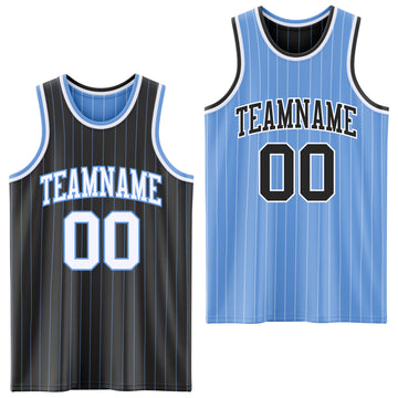 Custom Black Light Blue Pinstripe-White Reversible Double Side Sublimation Basketball Set Jersey