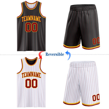 Custom Black Maroon Pinstripe-Gold Reversible Double Side Sublimation Basketball Set Jersey