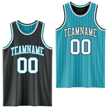 Custom Black Teal Pinstripe-White Reversible Double Side Sublimation Basketball Set Jersey