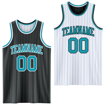 Custom Black Teal Pinstripe-White Reversible Double Side Sublimation Basketball Set Jersey