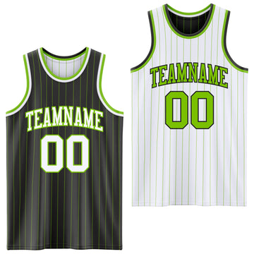 Custom Black Neon Green Pinstripe-White Reversible Double Side Sublimation Basketball Set Jersey