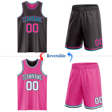 Custom Black Pink Pinstripe-Teal Reversible Double Side Sublimation Basketball Set Jersey