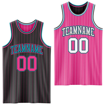 Custom Black Pink Pinstripe-Teal Reversible Double Side Sublimation Basketball Set Jersey