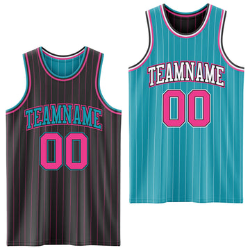 Custom Black Pink Pinstripe-Teal Reversible Double Side Sublimation Basketball Set Jersey