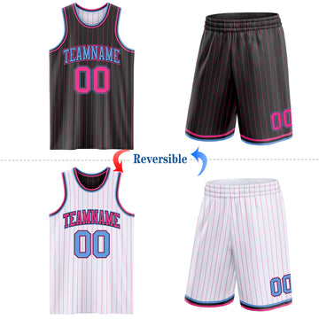 Custom Black Pink Pinstripe-Light Blue Reversible Double Side Sublimation Basketball Set Jersey