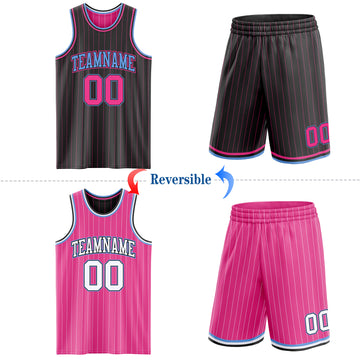Custom Black Pink Pinstripe-Light Blue Reversible Double Side Sublimation Basketball Set Jersey