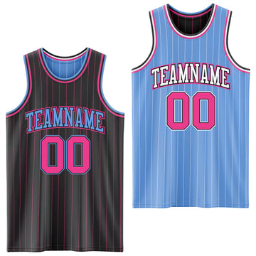 Custom Black Pink Pinstripe-Light Blue Reversible Double Side Sublimation Basketball Set Jersey