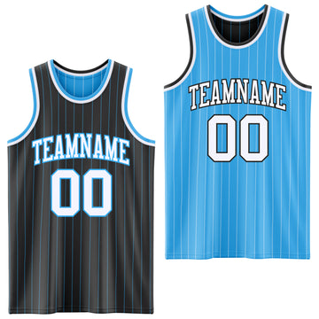 Custom Black Sky Blue Pinstripe-White Reversible Double Side Sublimation Basketball Set Jersey
