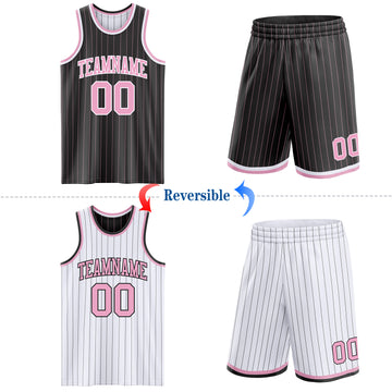 Custom Black Light Pink Pinstripe-White Reversible Double Side Sublimation Basketball Set Jersey