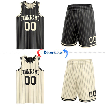 Custom Black Cream Pinstripe Reversible Double Side Sublimation Basketball Set Jersey