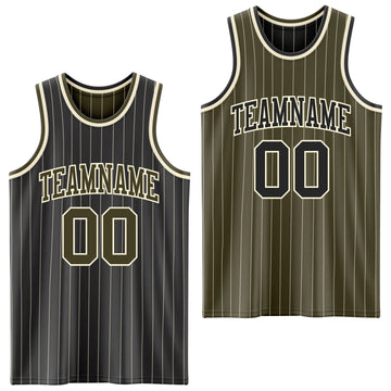 Custom Black Cream Pinstripe-Olive Reversible Double Side Sublimation Basketball Set Jersey