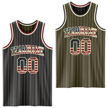 Custom Black Olive Cream Pinstripe Reversible Double Side Sublimation Basketball Set Jersey