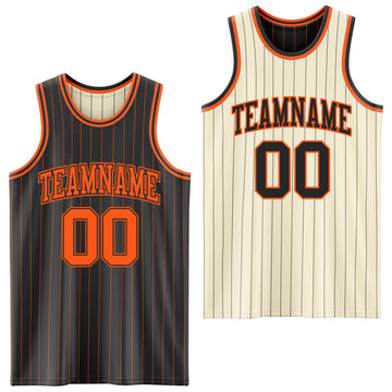 Custom Black Orange & Cream Black Pinstripe Reversible Double Side Sublimation Basketball Set Jersey