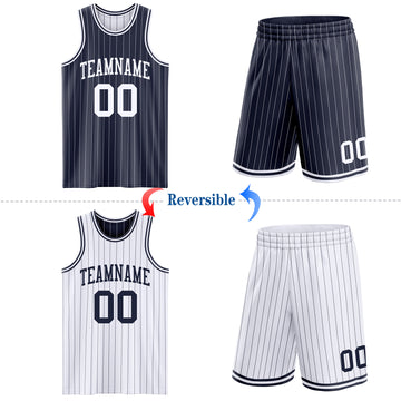 Custom Navy White Pinstripe Reversible Double Side Sublimation Basketball Set Jersey