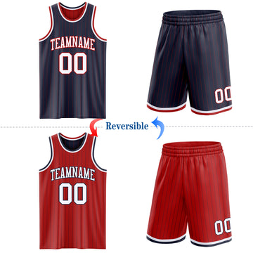 Custom Navy Red Pinstripe-White Reversible Double Side Sublimation Basketball Set Jersey