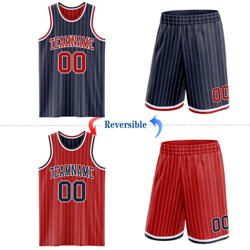 Custom Navy White Pinstripe-Red Reversible Double Side Sublimation Basketball Set Jersey
