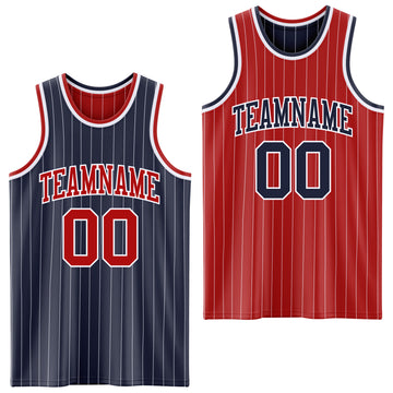 Custom Navy White Pinstripe-Red Reversible Double Side Sublimation Basketball Set Jersey
