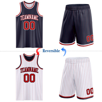 Custom Navy Red Pinstripe-White Reversible Double Side Sublimation Basketball Set Jersey