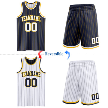 Custom Navy Gold Pinstripe-White Reversible Double Side Sublimation Basketball Set Jersey