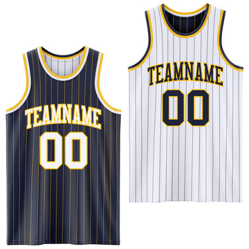 Custom Navy Gold Pinstripe-White Reversible Double Side Sublimation Basketball Set Jersey