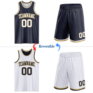 Custom Navy Old Gold Pinstripe-White Reversible Double Side Sublimation Basketball Set Jersey