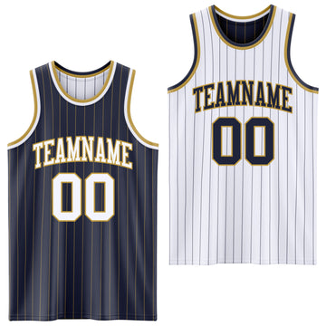 Custom Navy Old Gold Pinstripe-White Reversible Double Side Sublimation Basketball Set Jersey