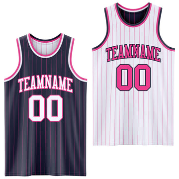 Custom Navy Pink Pinstripe-White Reversible Double Side Sublimation Basketball Set Jersey