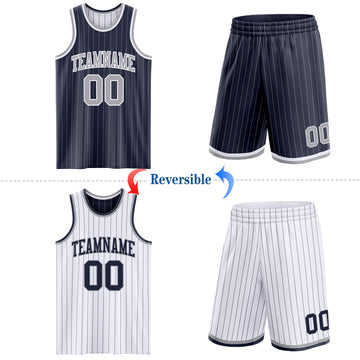 Custom Navy Gray Pinstripe-White Reversible Double Side Sublimation Basketball Set Jersey