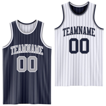 Custom Navy Gray Pinstripe-White Reversible Double Side Sublimation Basketball Set Jersey
