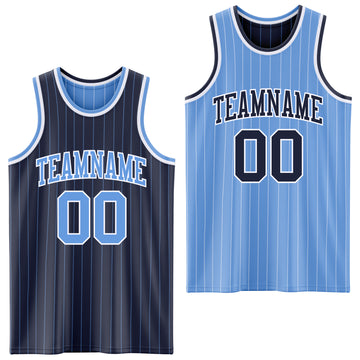 Custom Navy Light Blue Pinstripe-White Reversible Double Side Sublimation Basketball Set Jersey