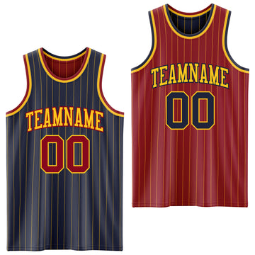 Custom Navy Gold Pinstripe-Maroon Reversible Double Side Sublimation Basketball Set Jersey