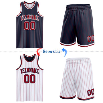 Custom Navy Maroon Pinstripe-White Reversible Double Side Sublimation Basketball Set Jersey