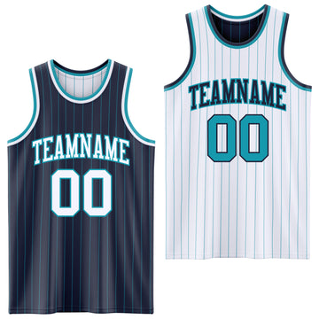 Custom Navy Teal Pinstripe-White Reversible Double Side Sublimation Basketball Set Jersey