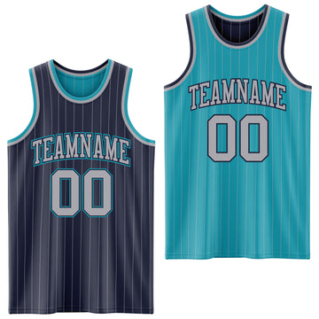 Custom Navy Gray Pinstripe-Teal Reversible Double Side Sublimation Basketball Set Jersey