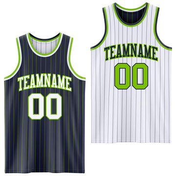 Custom Navy Neon Green Pinstripe-White Reversible Double Side Sublimation Basketball Set Jersey