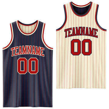Custom Navy Red Pinstripe-Cream Reversible Double Side Sublimation Basketball Set Jersey